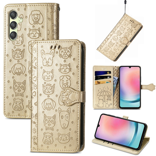 Samsung Galaxy A25 5G Cat and Dog Embossed Leather Phone Case - Gold