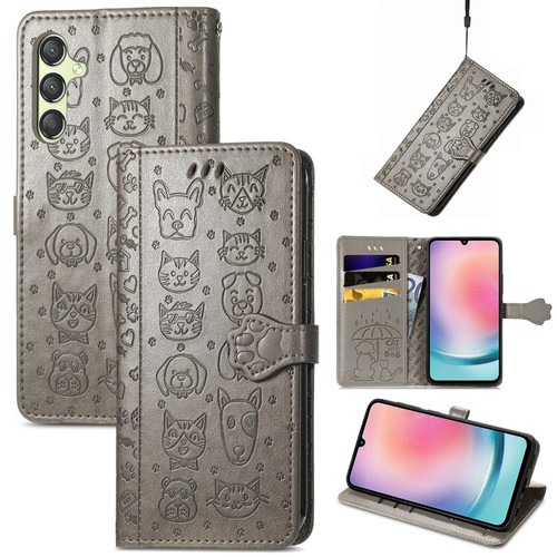 Samsung Galaxy A25 5G Cat and Dog Embossed Leather Phone Case - Gray