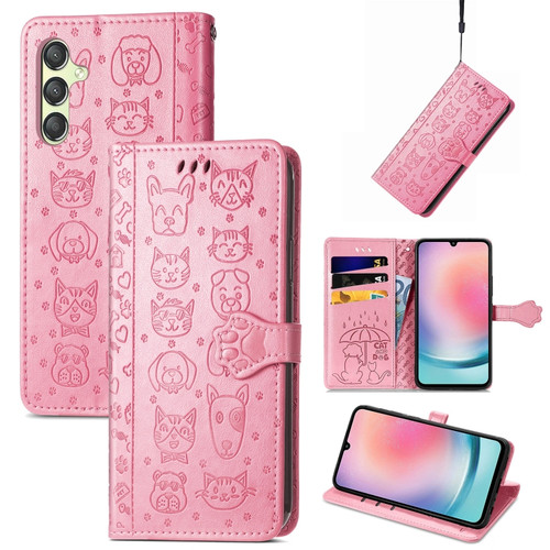Samsung Galaxy A25 5G Cat and Dog Embossed Leather Phone Case - Pink