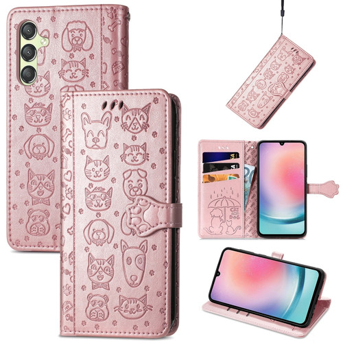 Samsung Galaxy A25 5G Cat and Dog Embossed Leather Phone Case - Rose Gold
