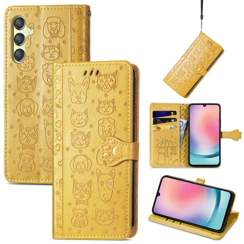 Samsung Galaxy A25 5G Cat and Dog Embossed Leather Phone Case - Yellow