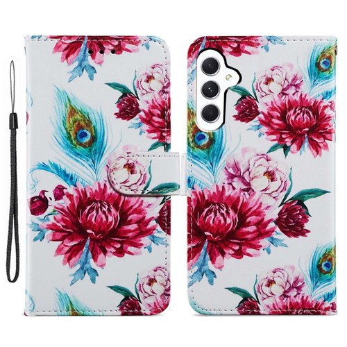 Samsung Galaxy A25 5G Colored Drawing Leather Phone Case - Peacock Flower