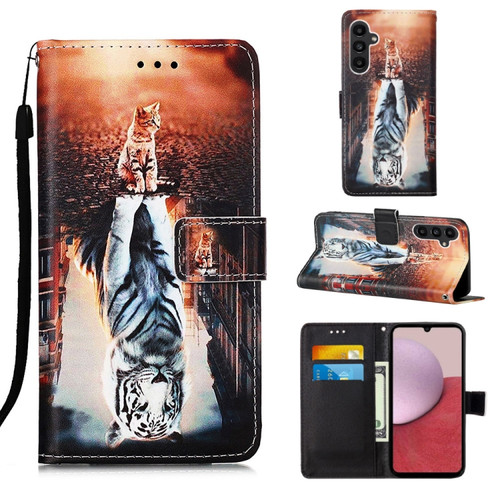 Samsung Galaxy A25 5G Colored Drawing Pattern Plain Weave Leather Phone Case - Cats And Tigers