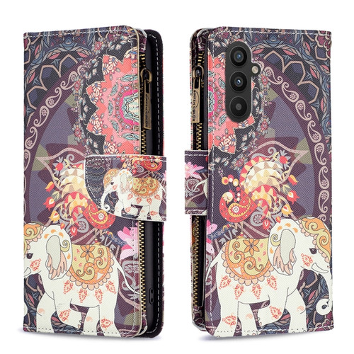 Samsung Galaxy A25 5G Colored Drawing Pattern Zipper Leather Phone Case - Flower Elephant