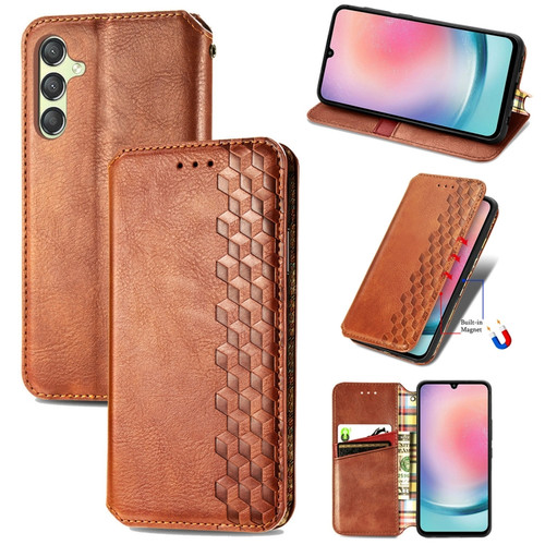 Samsung Galaxy A25 5G Cubic Grid Pressed Magnetic Leather Phone Case - Brown