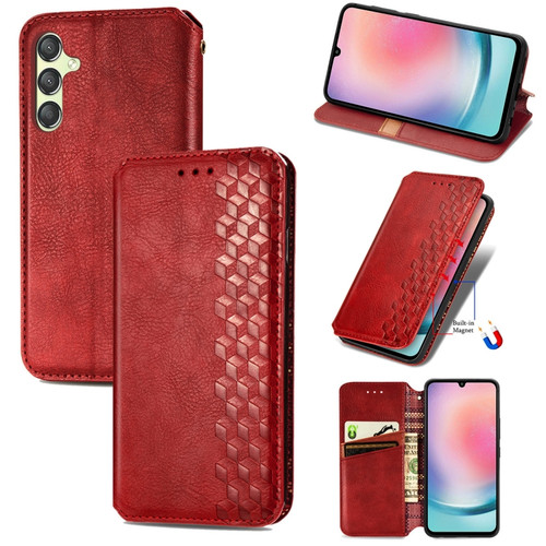 Samsung Galaxy A25 5G Cubic Grid Pressed Magnetic Leather Phone Case - Red