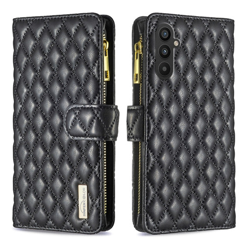 Samsung Galaxy A25 5G Diamond Lattice Zipper Wallet Leather Flip Phone Case - Black