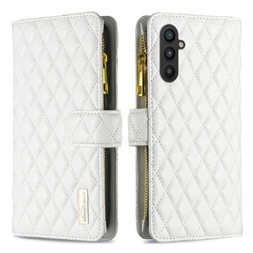 Samsung Galaxy A25 5G Diamond Lattice Zipper Wallet Leather Flip Phone Case - White