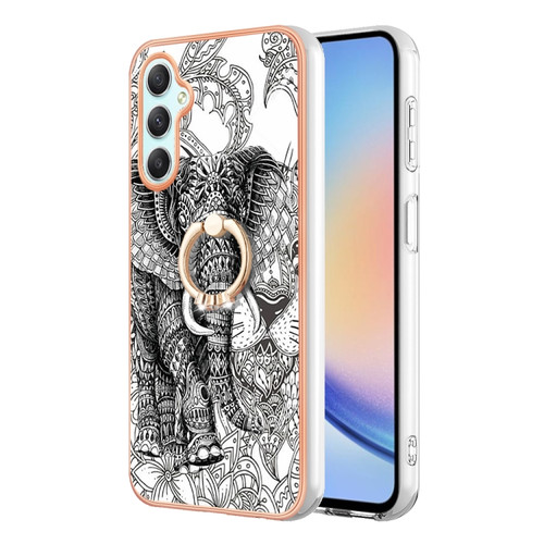 Samsung Galaxy A25 5G Electroplating Dual-side IMD Phone Case with Ring Holder - Totem Elephant