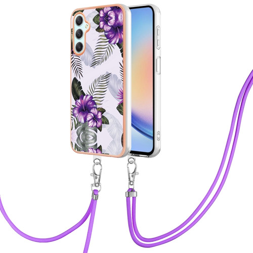 Samsung Galaxy A25 5G Electroplating IMD TPU Phone Case with Lanyard - Purple Flower