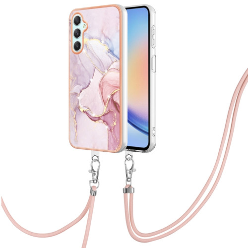 Samsung Galaxy A25 5G Electroplating Marble Dual-side IMD Phone Case with Lanyard - Rose Gold 005