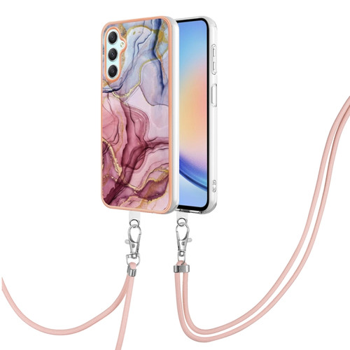 Samsung Galaxy A25 5G Electroplating Marble Dual-side IMD Phone Case with Lanyard - Rose Red 014