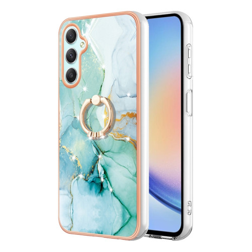 Samsung Galaxy A25 5G Electroplating Marble IMD TPU Phone Case with Ring Holder - Green 003