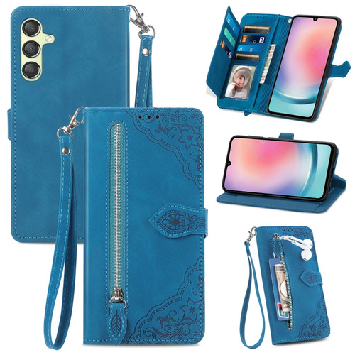 Samsung Galaxy A25 5G Embossed Flower Zipper Leather Phone Case - Blue