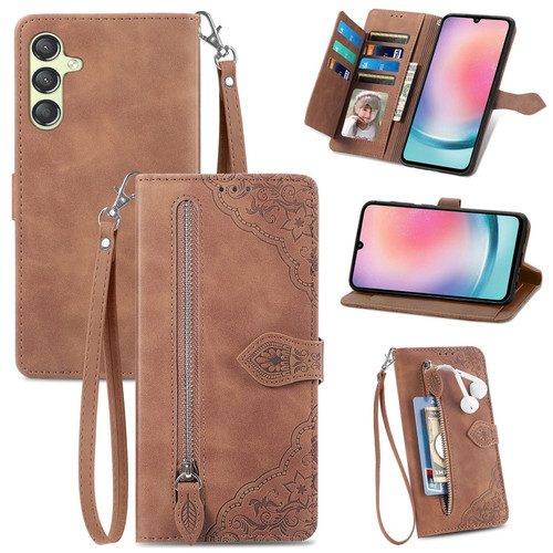 Samsung Galaxy A25 5G Embossed Flower Zipper Leather Phone Case - Brown