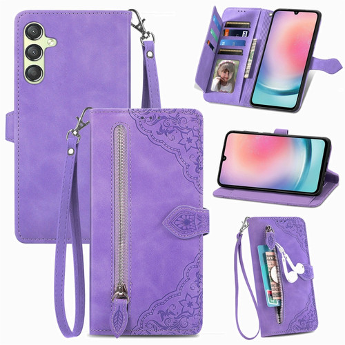 Samsung Galaxy A25 5G Embossed Flower Zipper Leather Phone Case - Purple