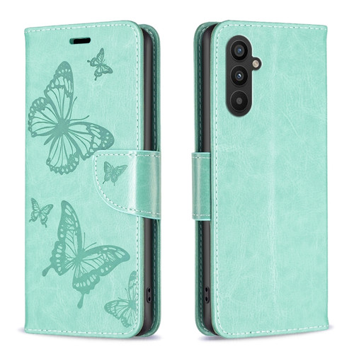 Samsung Galaxy A25 5G Embossing Two Butterflies Pattern Leather Phone Case - Green