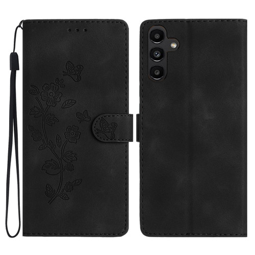 Samsung Galaxy A25 5G Flower Butterfly Embossing Pattern Leather Phone Case - Black
