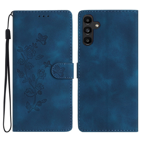 Samsung Galaxy A25 5G Flower Butterfly Embossing Pattern Leather Phone Case - Blue