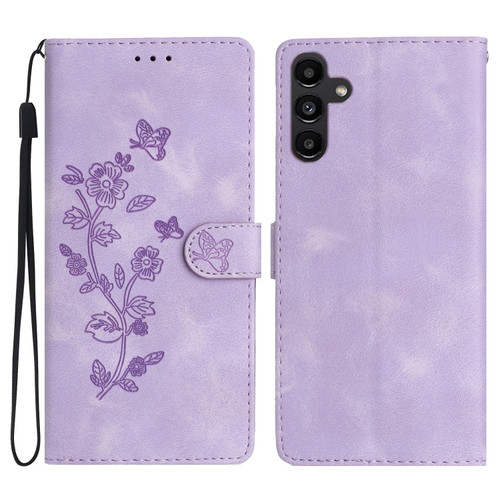 Samsung Galaxy A25 5G Flower Butterfly Embossing Pattern Leather Phone Case - Purple