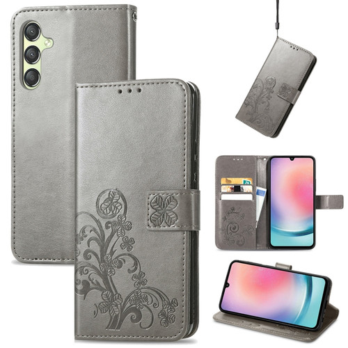 Samsung Galaxy A25 5G Four-leaf Clasp Embossed Buckle Leather Phone Case - Gray