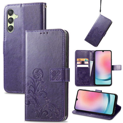 Samsung Galaxy A25 5G Four-leaf Clasp Embossed Buckle Leather Phone Case - Purple
