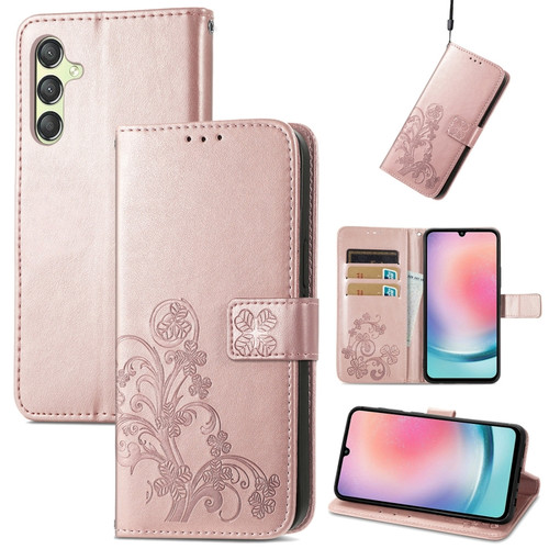 Samsung Galaxy A25 5G Four-leaf Clasp Embossed Buckle Leather Phone Case - Rose Gold