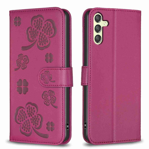 Samsung Galaxy A25 5G Four-leaf Embossed Leather Phone Case - Rose Red