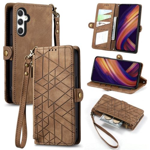 Samsung Galaxy A25 5G Geometric Zipper Wallet Side Buckle Leather Phone Case - Brown