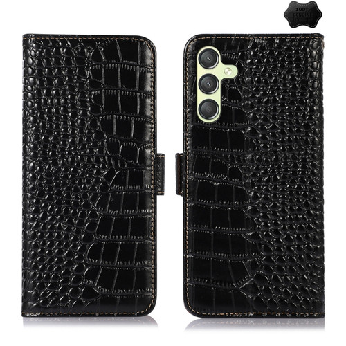 Samsung Galaxy A25 5G Global Crocodile Top Layer Cowhide Leather Phone Case - Black
