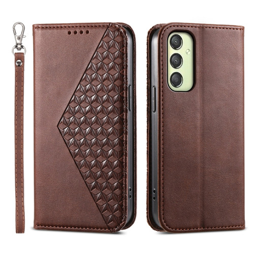 Samsung Galaxy A25 5G Global Cubic Grid Calf Texture Magnetic Leather Phone Case - Brown