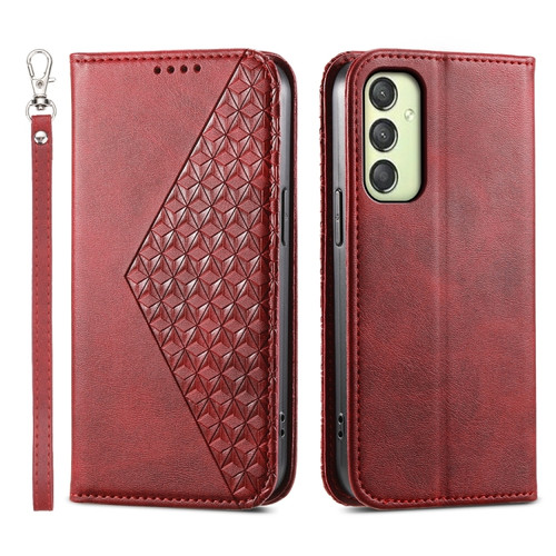Samsung Galaxy A25 5G Global Cubic Grid Calf Texture Magnetic Leather Phone Case - Red