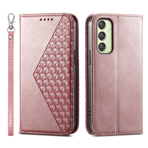 Samsung Galaxy A25 5G Global Cubic Grid Calf Texture Magnetic Leather Phone Case - Rose Gold