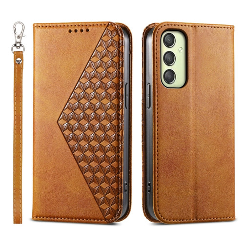 Samsung Galaxy A25 5G Global Cubic Grid Calf Texture Magnetic Leather Phone Case - Yellow