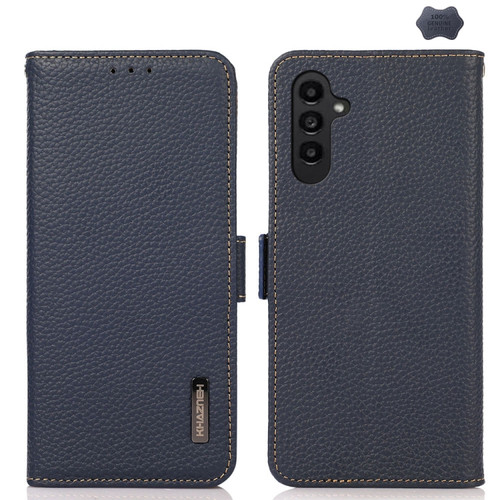 Samsung Galaxy A25 5G Global KHAZNEH Side-Magnetic Litchi Genuine Leather RFID Phone Case - Blue