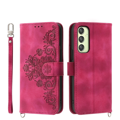 Samsung Galaxy A25 5G Global Skin-feel Flowers Embossed Wallet Leather Phone Case - Wine Red