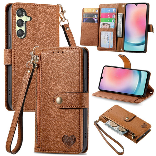 Samsung Galaxy A25 5G Love Zipper Lanyard Leather Phone Case - Brown
