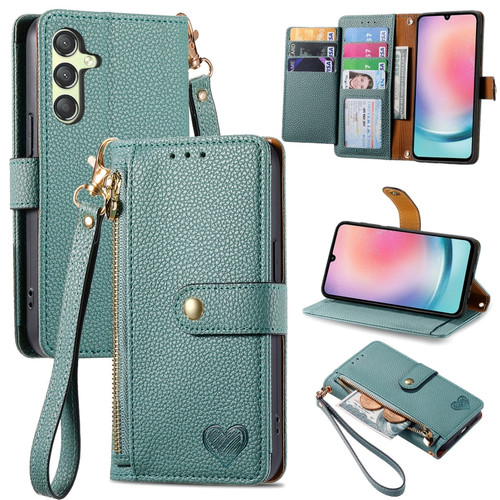 Samsung Galaxy A25 5G Love Zipper Lanyard Leather Phone Case - Green