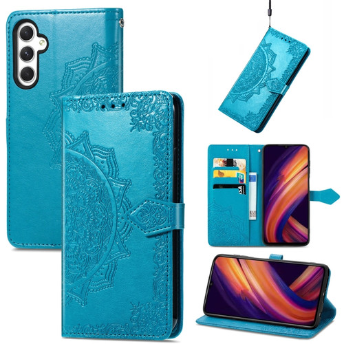 Samsung Galaxy A25 5G Mandala Flower Embossed Leather Phone Case - Blue