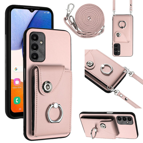 Samsung Galaxy A25 5G Organ Card Bag Ring Holder Phone Case with Long Lanyard - Pink