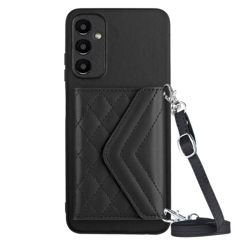 Samsung Galaxy A25 5G Rhombic Texture Card Bag RFID Phone Case with Long Lanyard - Black