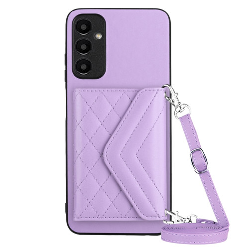 Samsung Galaxy A25 5G Rhombic Texture Card Bag RFID Phone Case with Long Lanyard - Light Purple