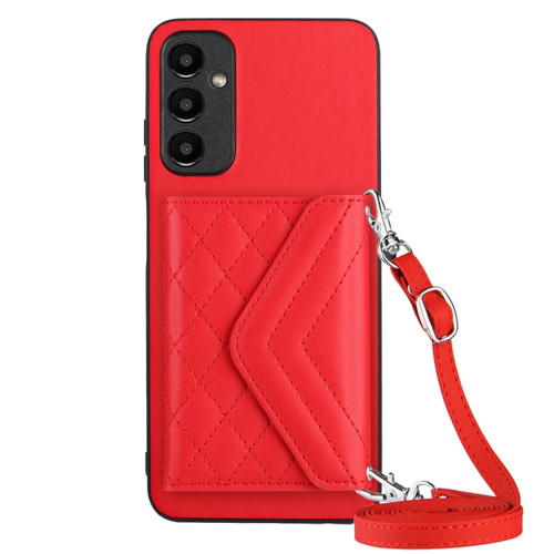 Samsung Galaxy A25 5G Rhombic Texture Card Bag RFID Phone Case with Long Lanyard - Red