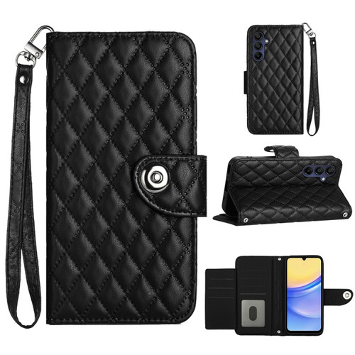 Samsung Galaxy A25 5G Rhombic Texture Flip Leather Phone Case with Lanyard - Black