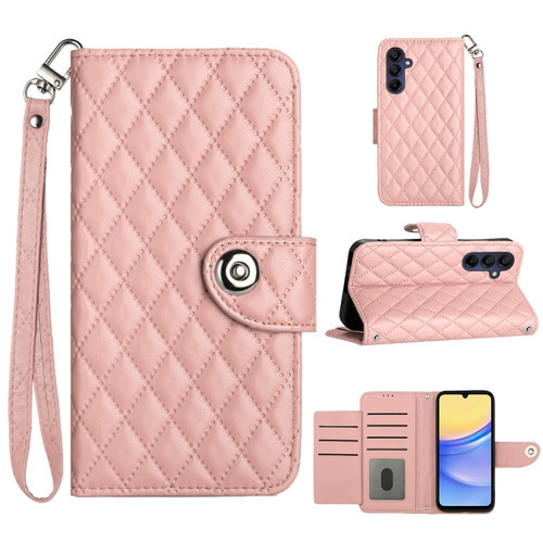 Samsung Galaxy A25 5G Rhombic Texture Flip Leather Phone Case with Lanyard - Coral Pink