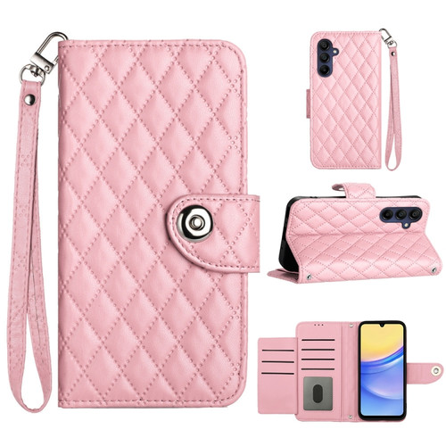 Samsung Galaxy A25 5G Rhombic Texture Flip Leather Phone Case with Lanyard - Pink