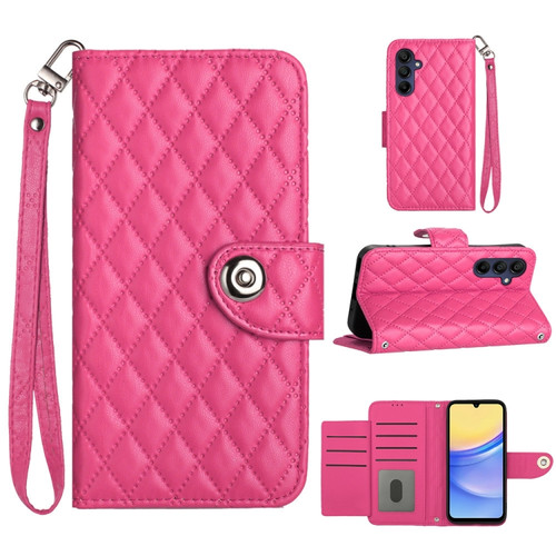 Samsung Galaxy A25 5G Rhombic Texture Flip Leather Phone Case with Lanyard - Rose Red