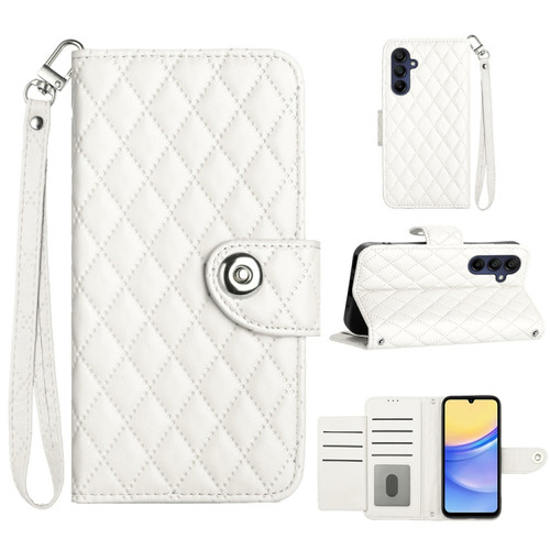 Samsung Galaxy A25 5G Rhombic Texture Flip Leather Phone Case with Lanyard - White