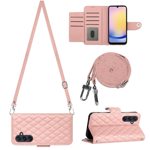Samsung Galaxy A25 5G Rhombic Texture Flip Leather Phone Case with Long Lanyard - Coral Pink
