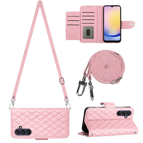 Samsung Galaxy A25 5G Rhombic Texture Flip Leather Phone Case with Long Lanyard - Pink